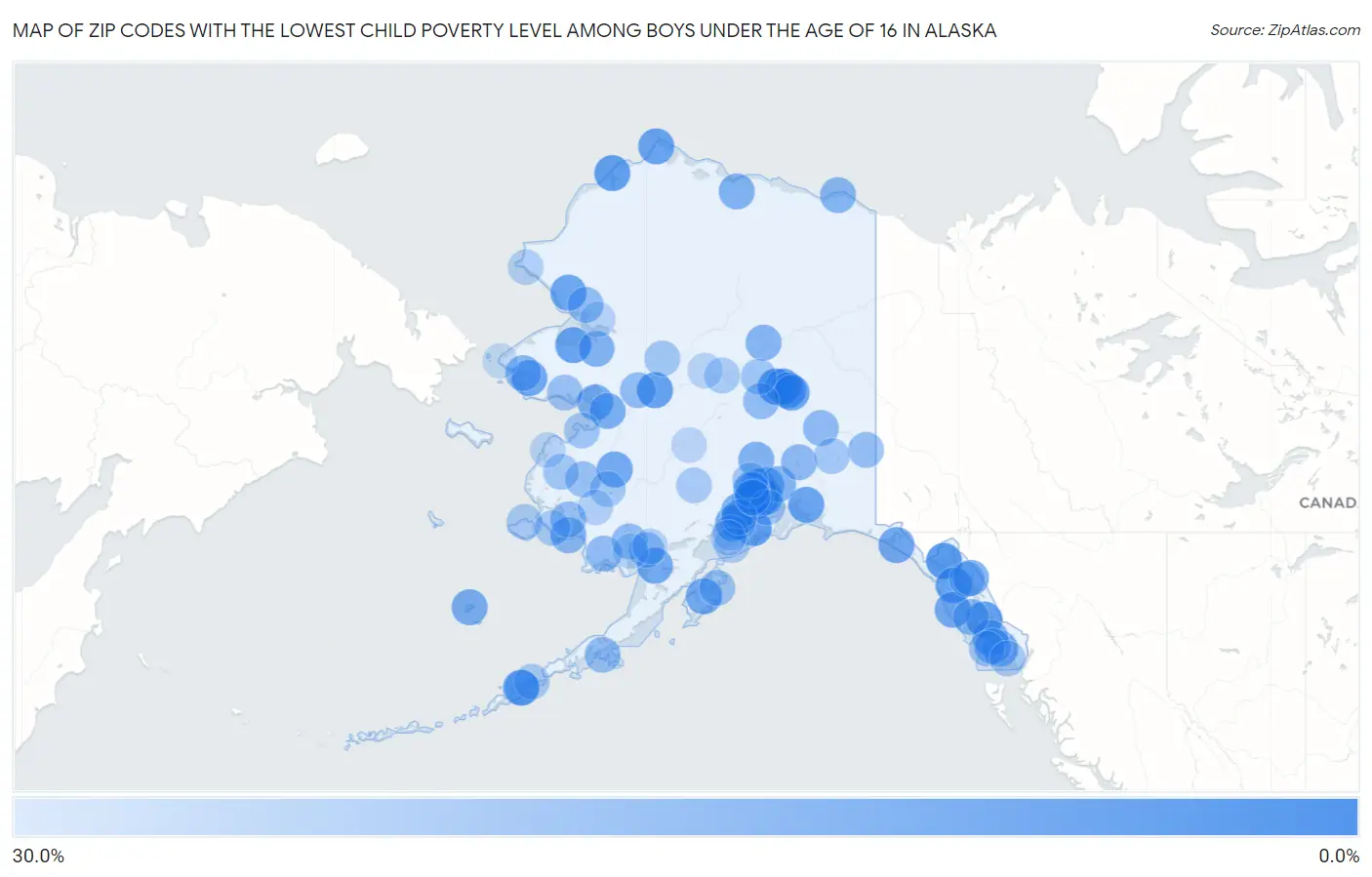 Zip Codes with the Lowest Child Poverty Level Among Boys Under the Age of 16 in Alaska Map