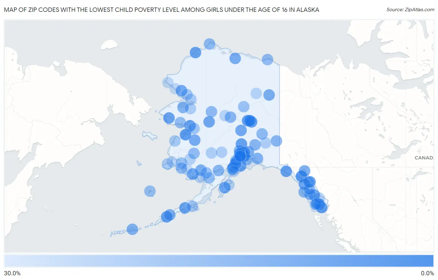 Zip Codes with the Lowest Child Poverty Level Among Girls Under the Age of 16 in Alaska Map