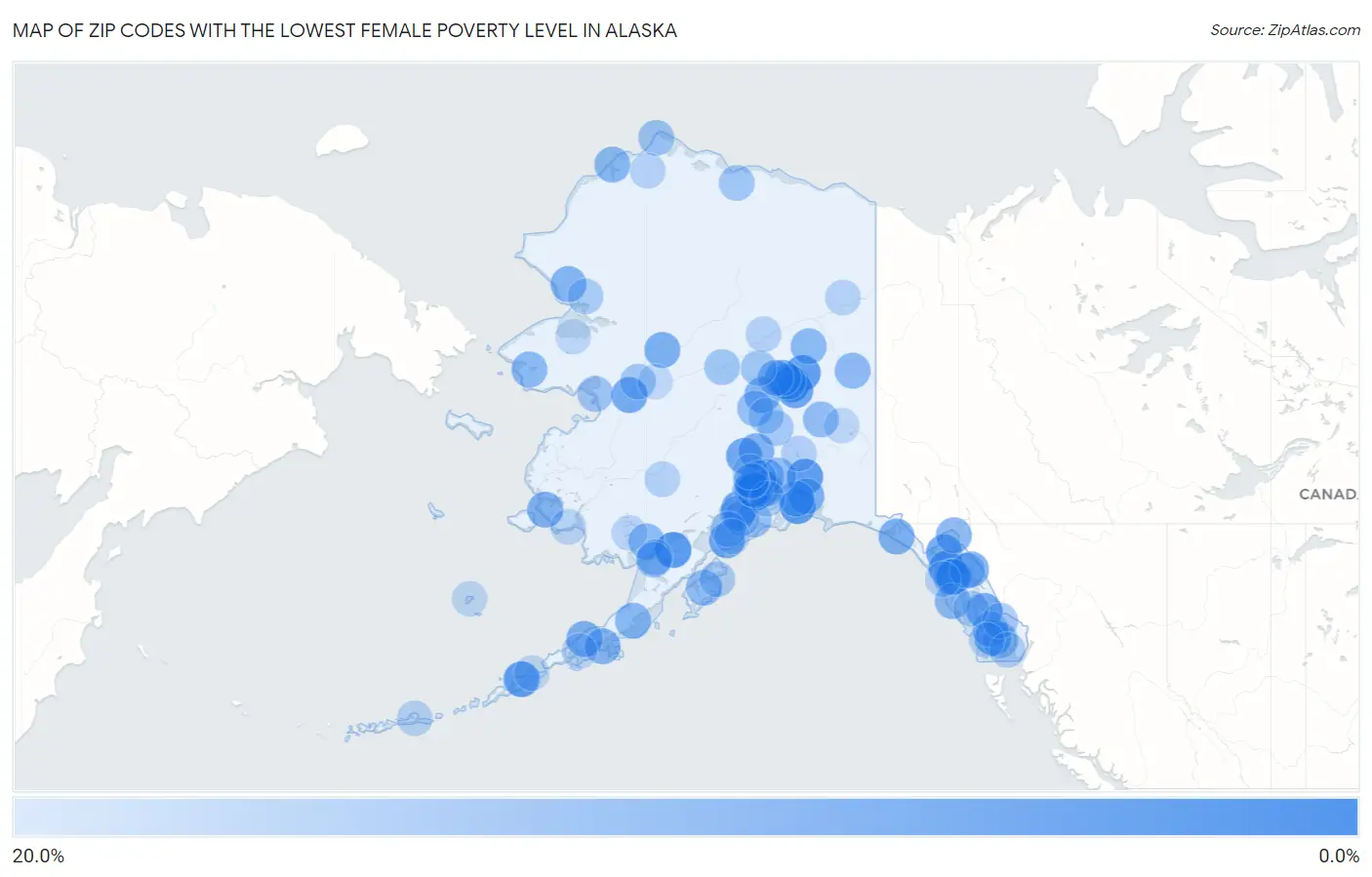 Zip Codes with the Lowest Female Poverty Level in Alaska Map