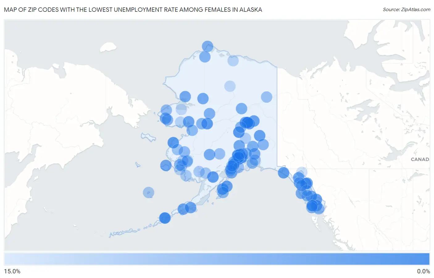 Zip Codes with the Lowest Unemployment Rate Among Females in Alaska Map