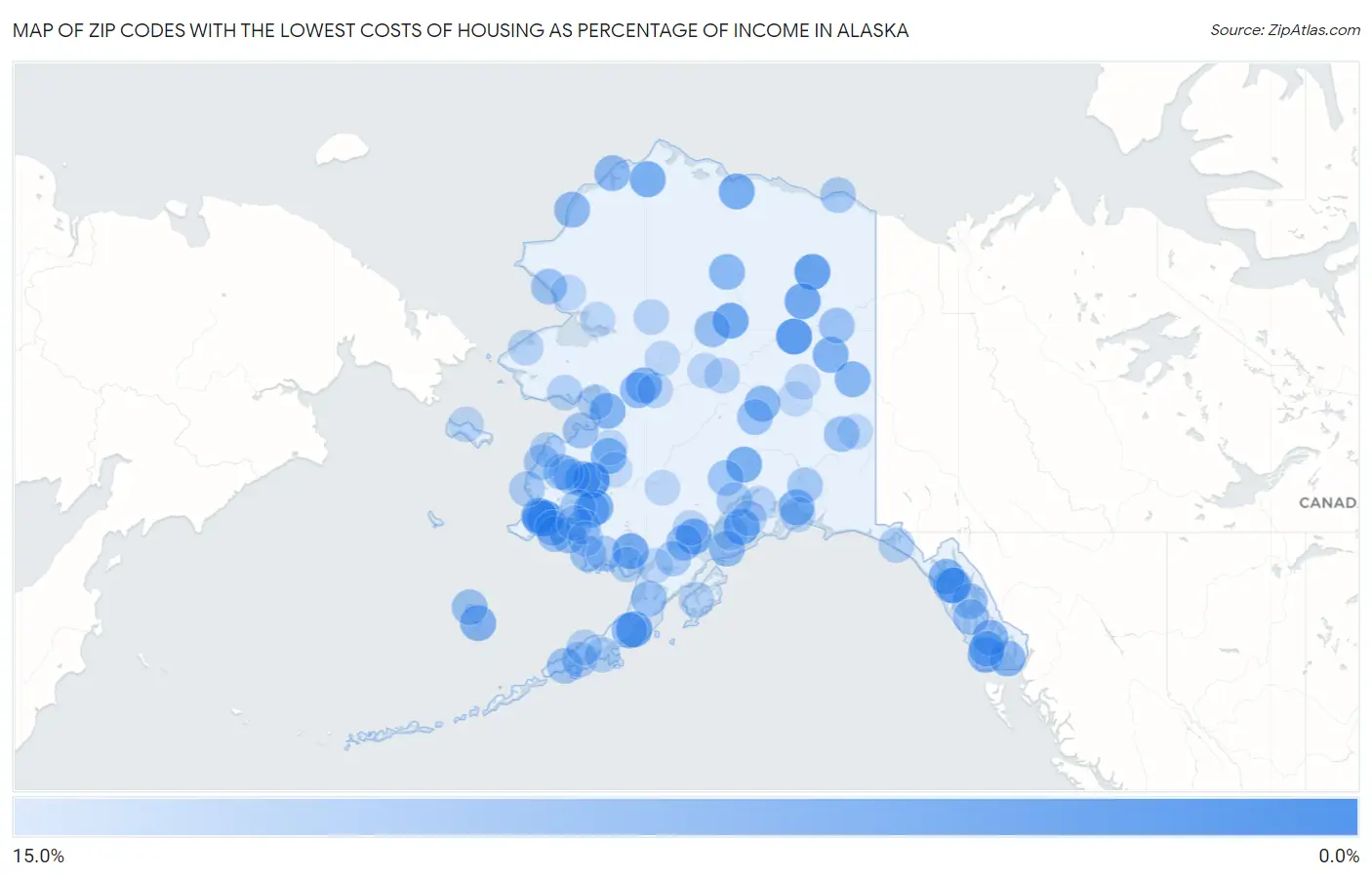 Zip Codes with the Lowest Costs of Housing as Percentage of Income in Alaska Map