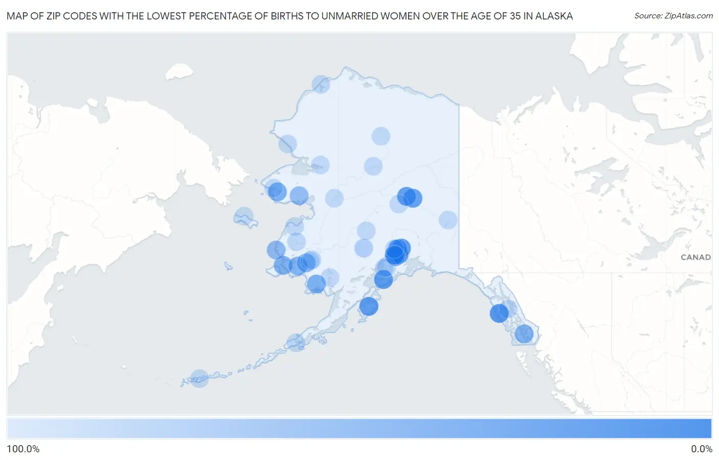 Zip Codes with the Lowest Percentage of Births to Unmarried Women over the Age of 35 in Alaska Map