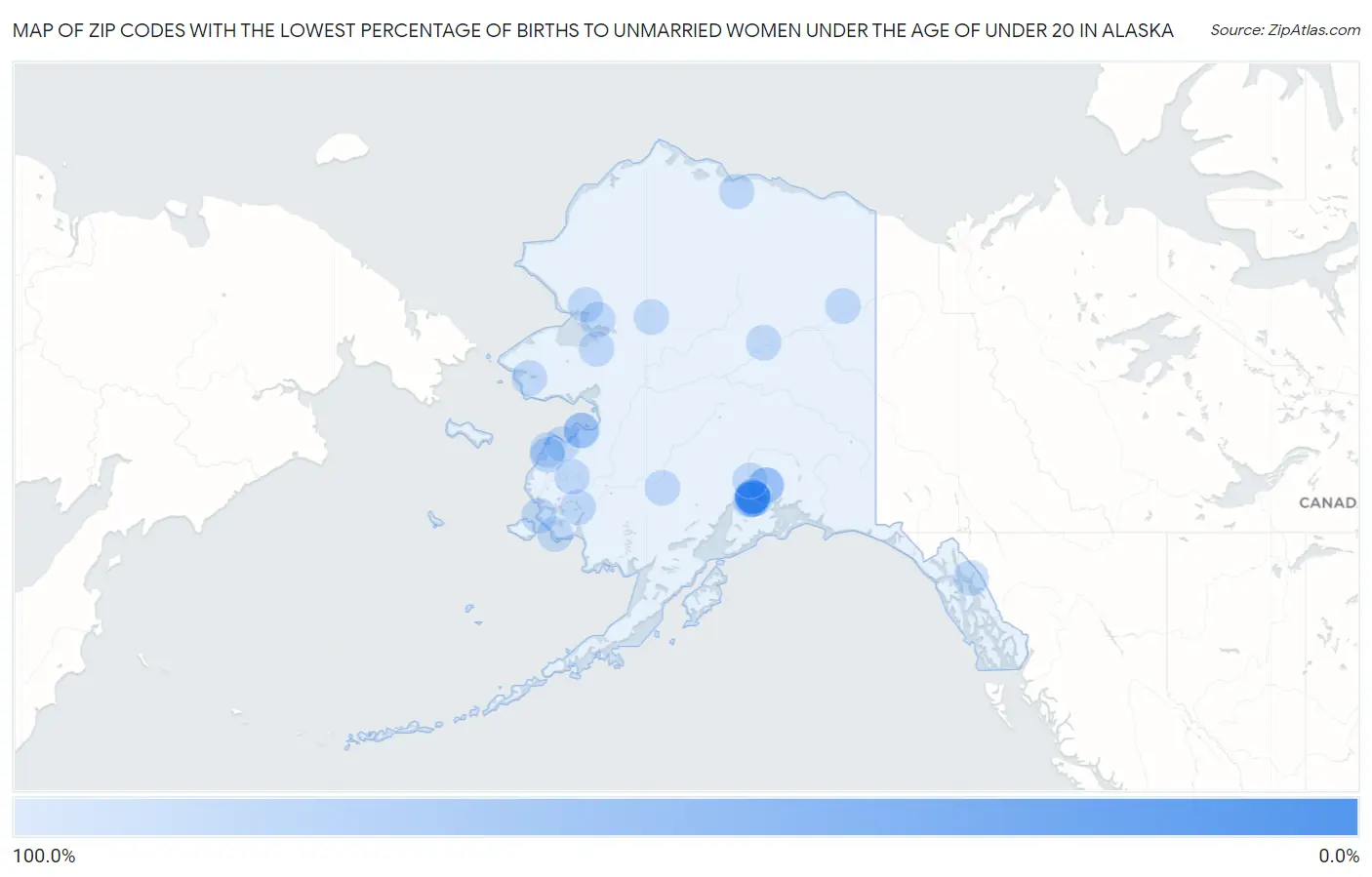 Zip Codes with the Lowest Percentage of Births to Unmarried Women under the Age of under 20 in Alaska Map