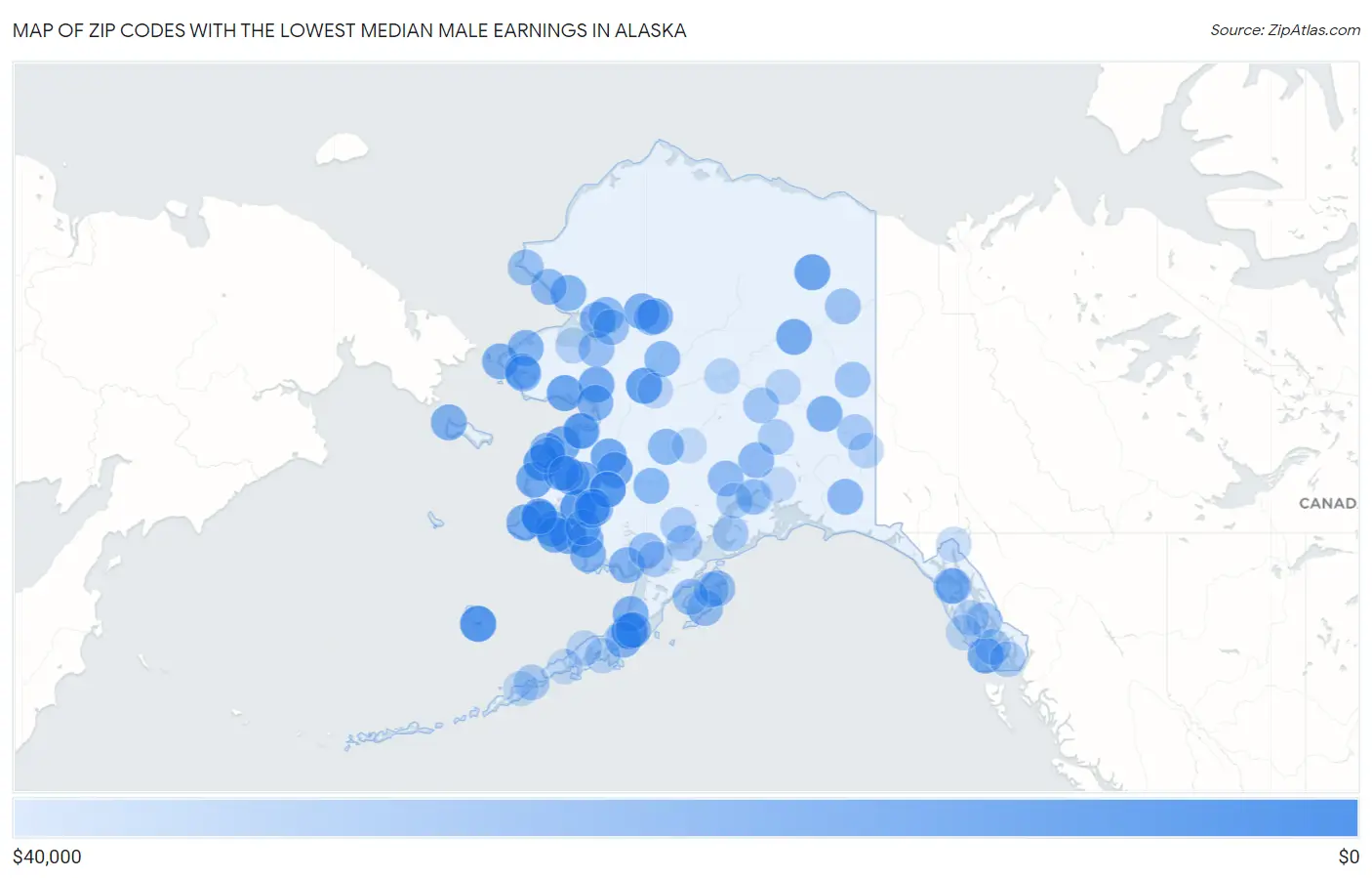 Zip Codes with the Lowest Median Male Earnings in Alaska Map