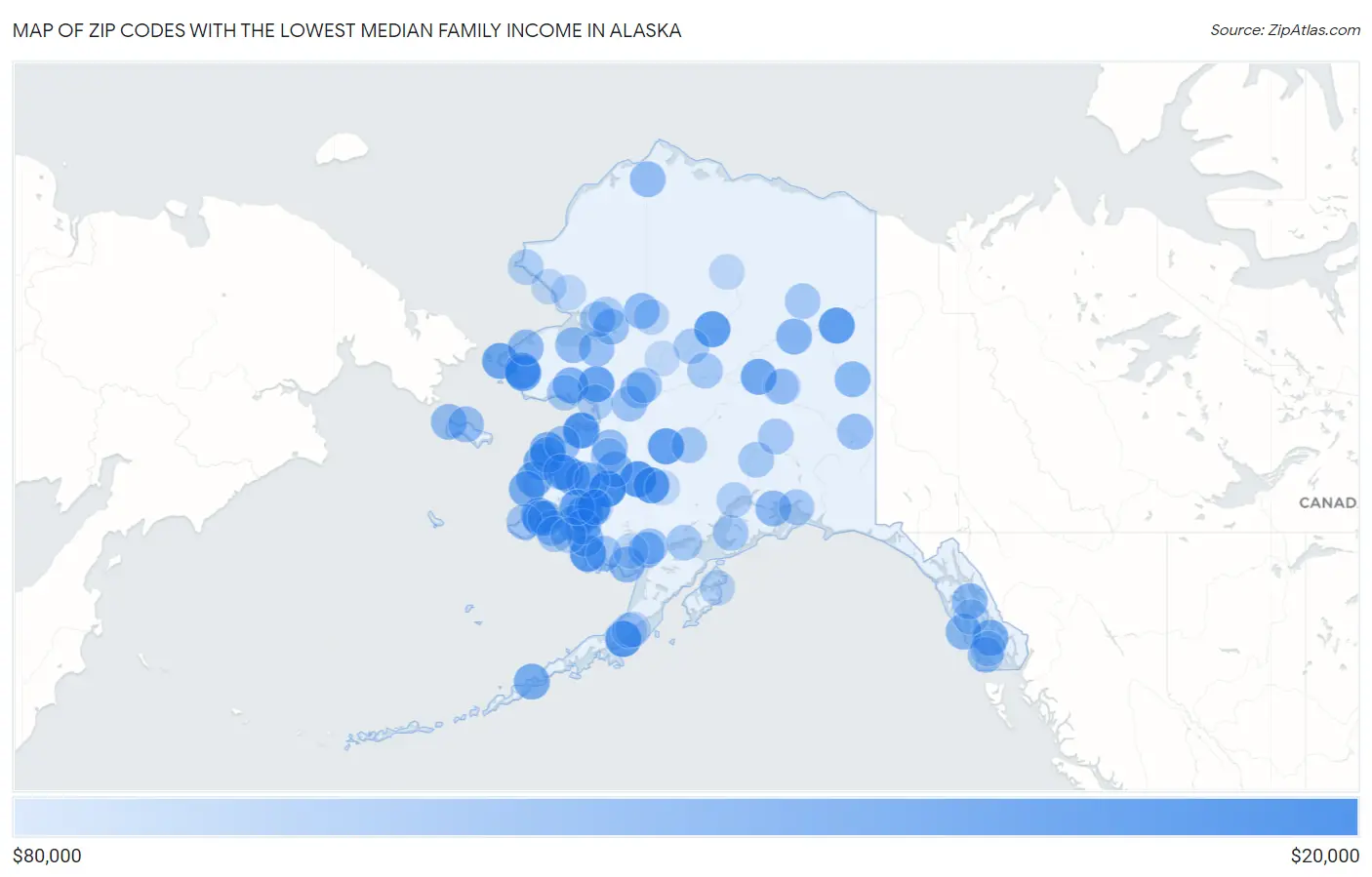 Zip Codes with the Lowest Median Family Income in Alaska Map