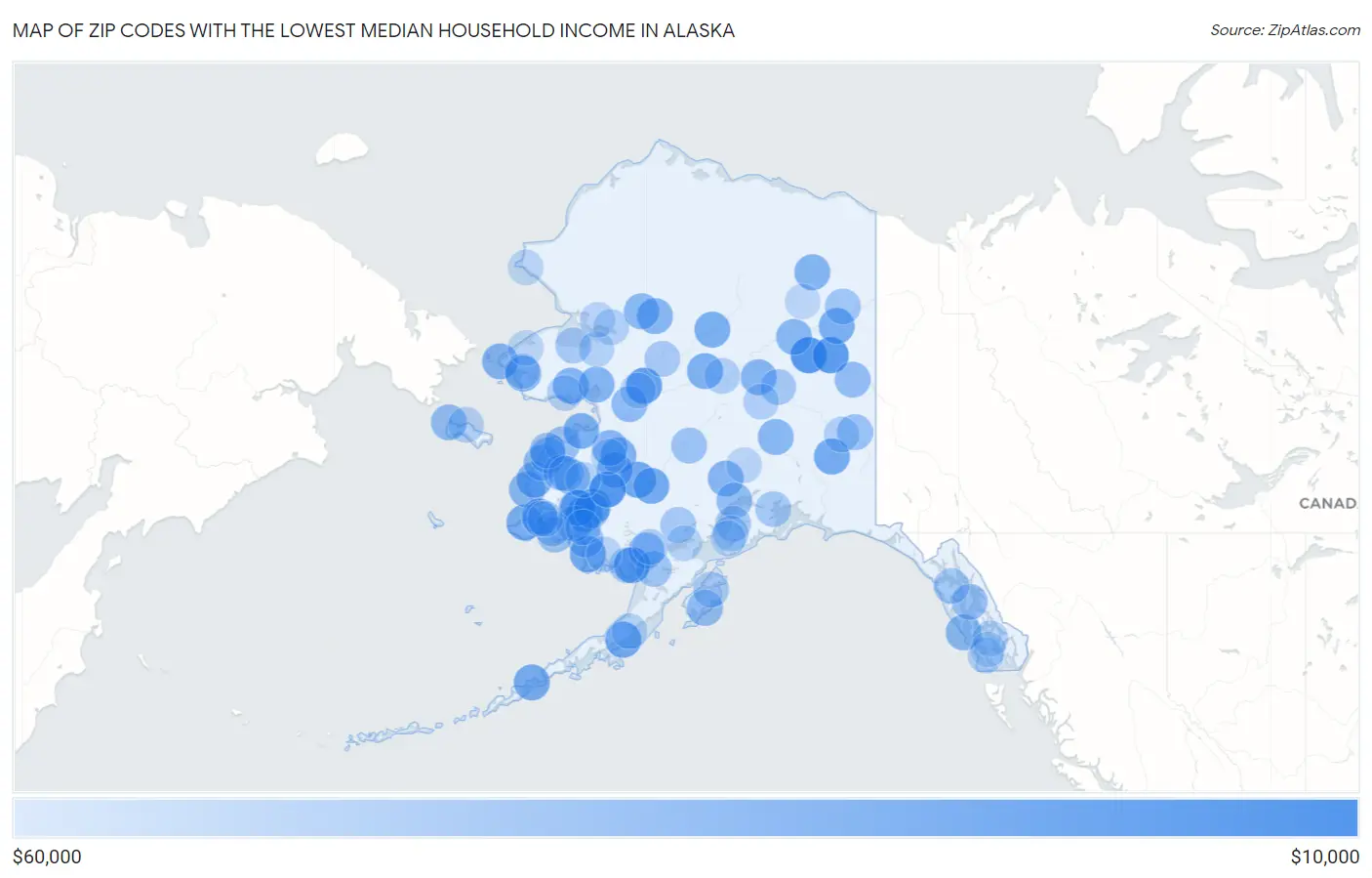 Zip Codes with the Lowest Median Household Income in Alaska Map