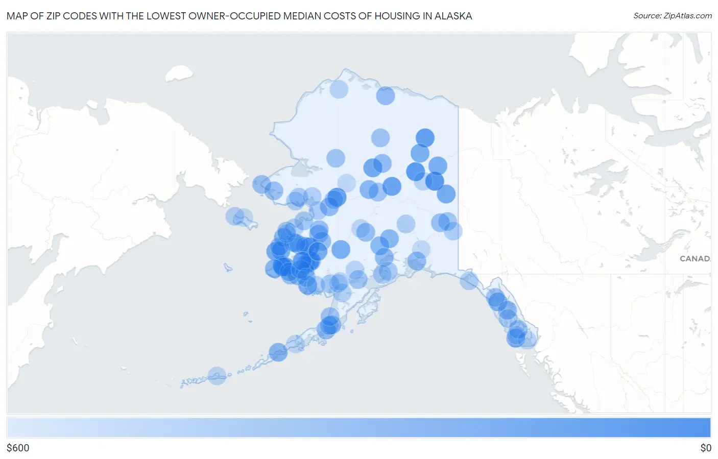 Zip Codes with the Lowest Owner-Occupied Median Costs of Housing in Alaska Map