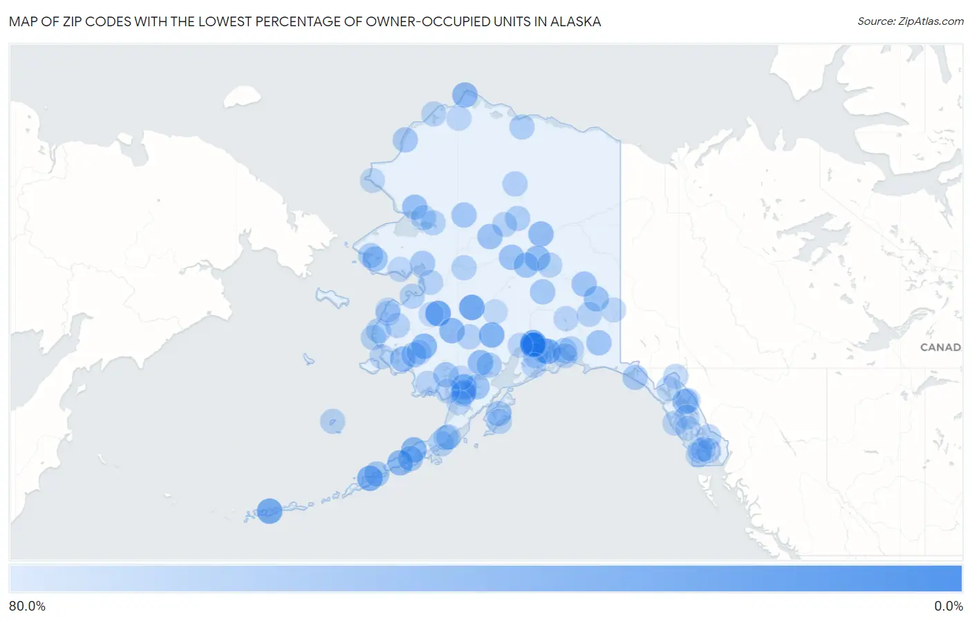 Zip Codes with the Lowest Percentage of Owner-Occupied Units in Alaska Map