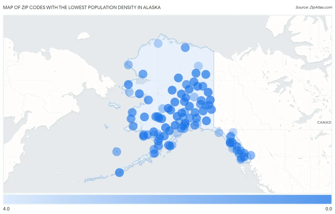 Zip Codes with the Lowest Population Density in Alaska Map