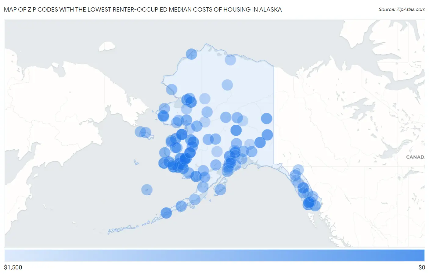 Zip Codes with the Lowest Renter-Occupied Median Costs of Housing in Alaska Map