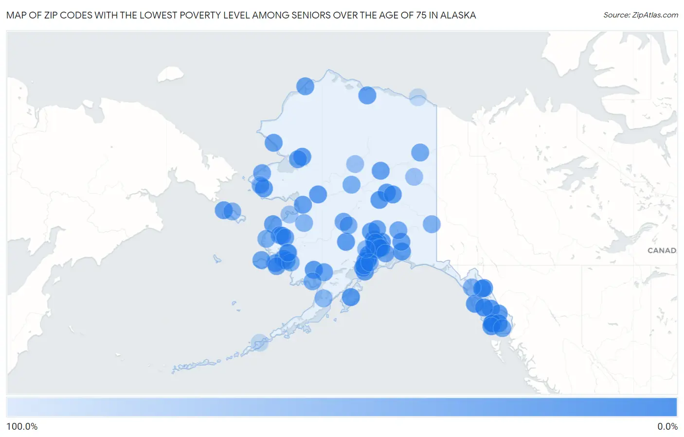 Zip Codes with the Lowest Poverty Level Among Seniors Over the Age of 75 in Alaska Map