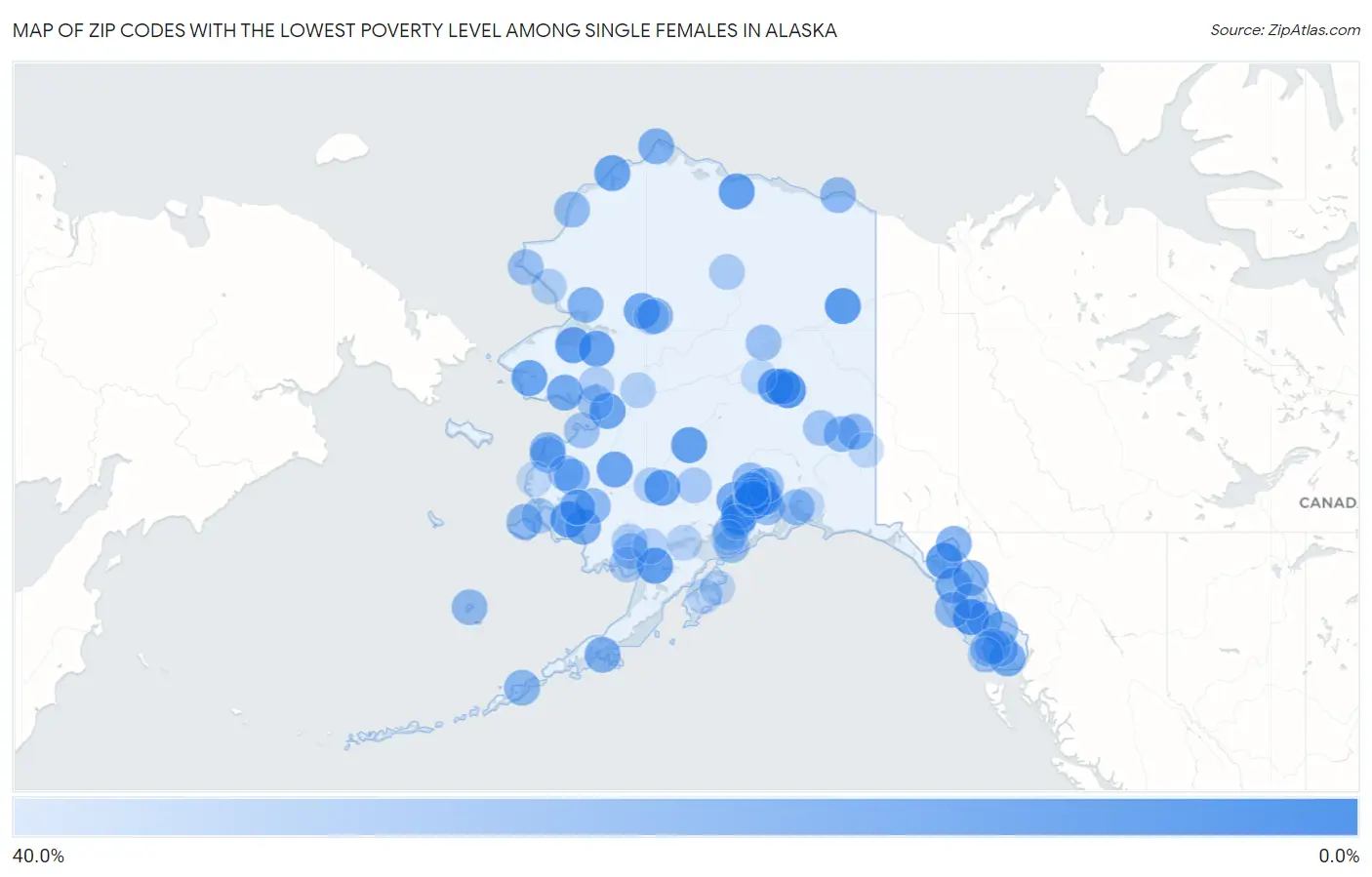 Zip Codes with the Lowest Poverty Level Among Single Females in Alaska Map