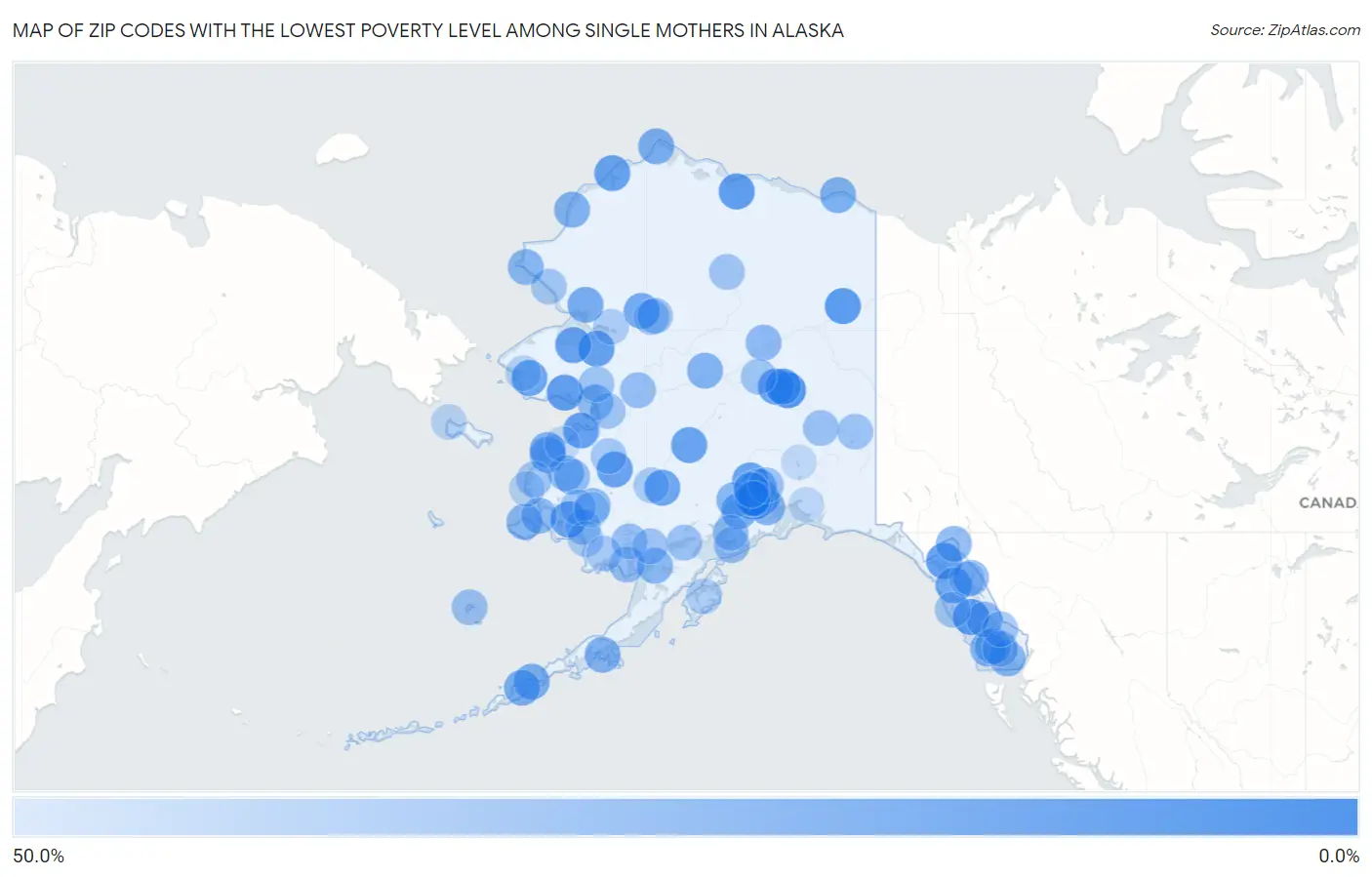Zip Codes with the Lowest Poverty Level Among Single Mothers in Alaska Map