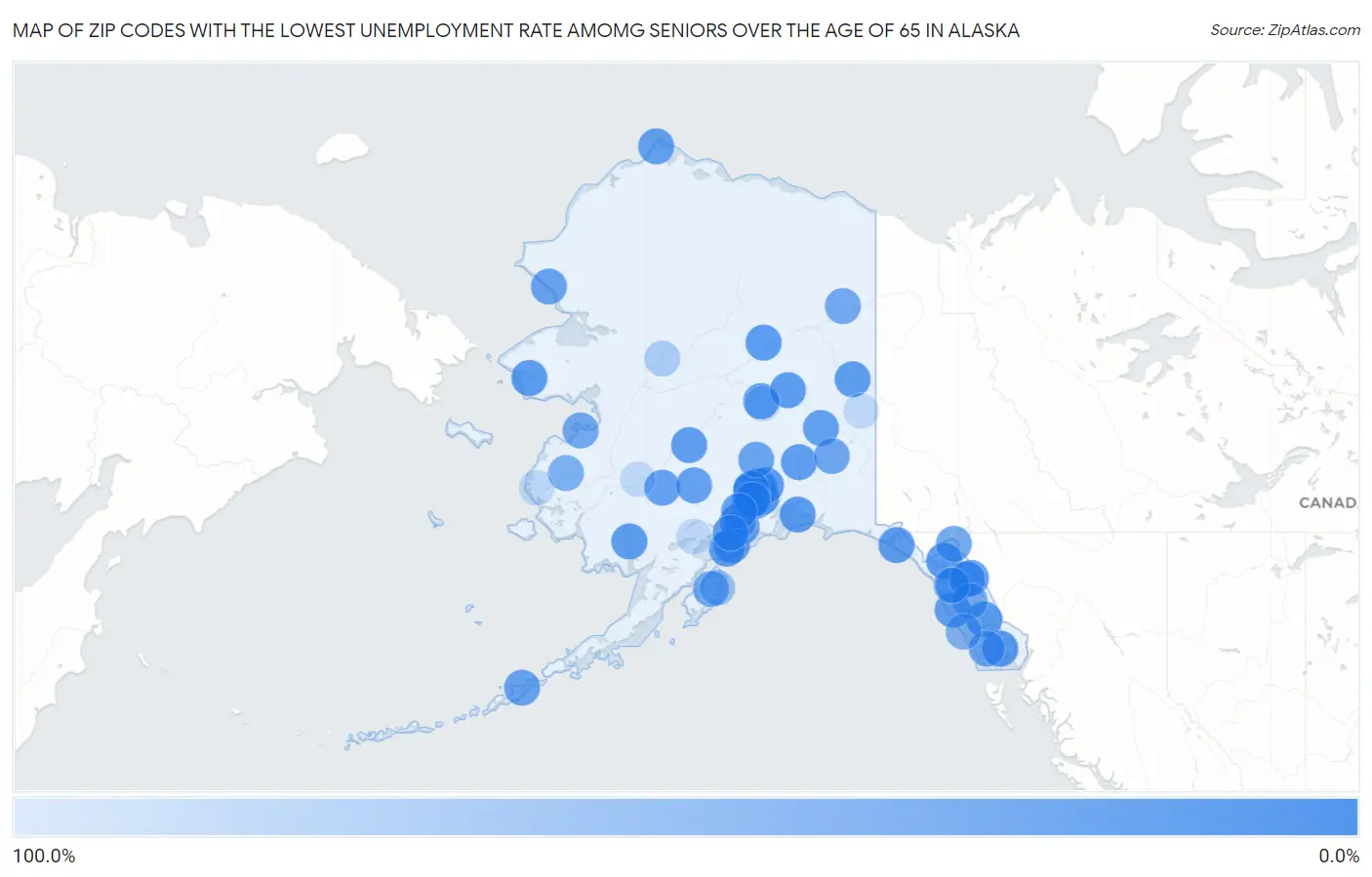 Zip Codes with the Lowest Unemployment Rate Amomg Seniors Over the Age of 65 in Alaska Map