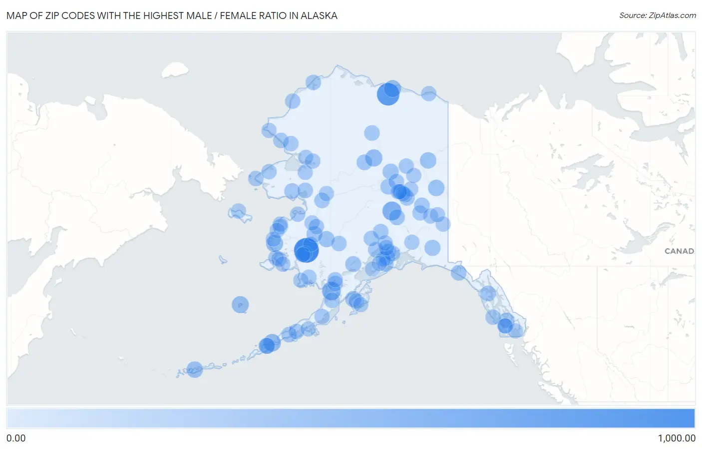 Zip Codes with the Highest Male / Female Ratio in Alaska Map