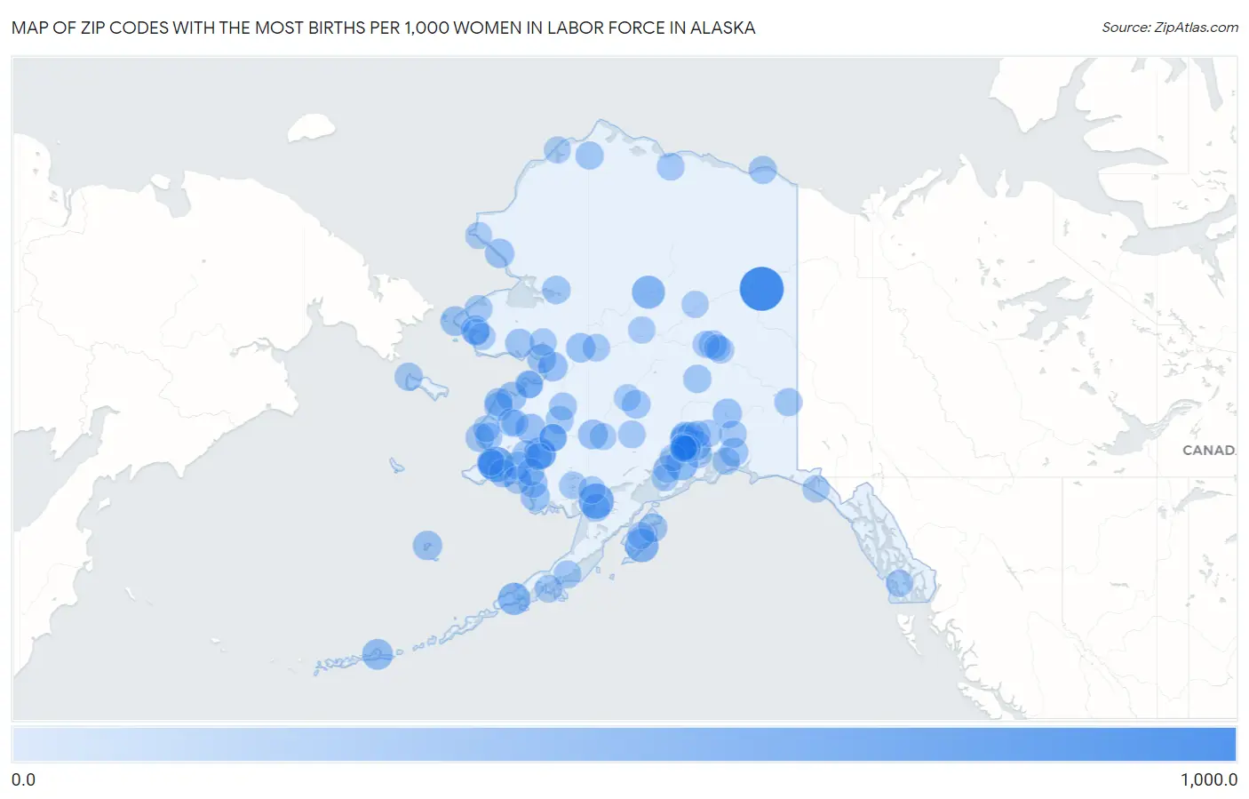 Zip Codes with the Most Births per 1,000 Women in Labor Force in Alaska Map