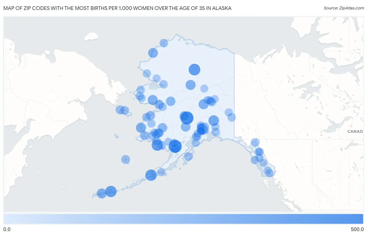 Zip Codes with the Most Births per 1,000 Women Over the Age of 35 in Alaska Map