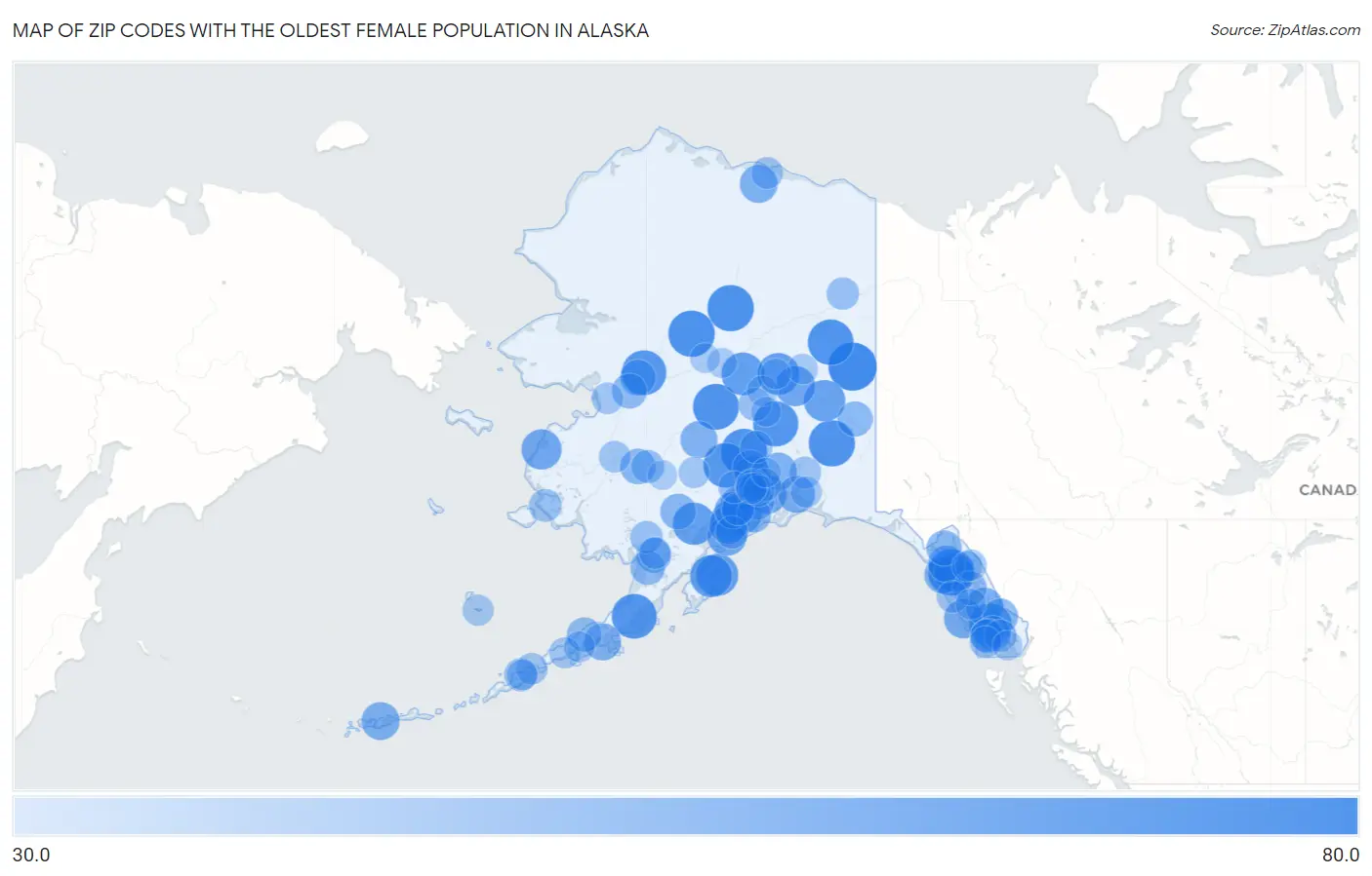 Zip Codes with the Oldest Female Population in Alaska Map