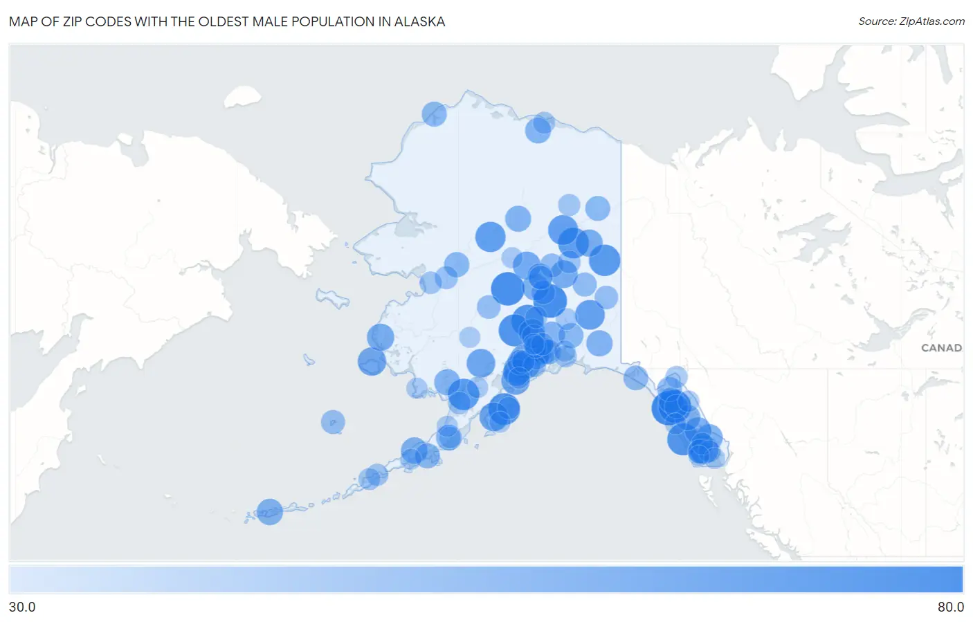 Zip Codes with the Oldest Male Population in Alaska Map