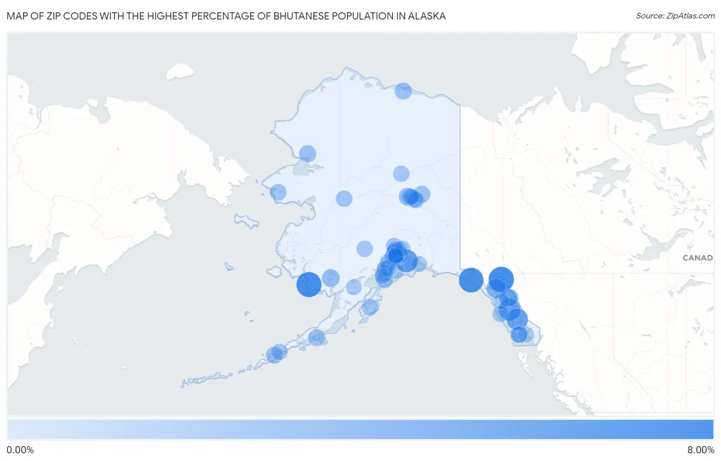 Zip Codes with the Highest Percentage of Bhutanese Population in Alaska Map