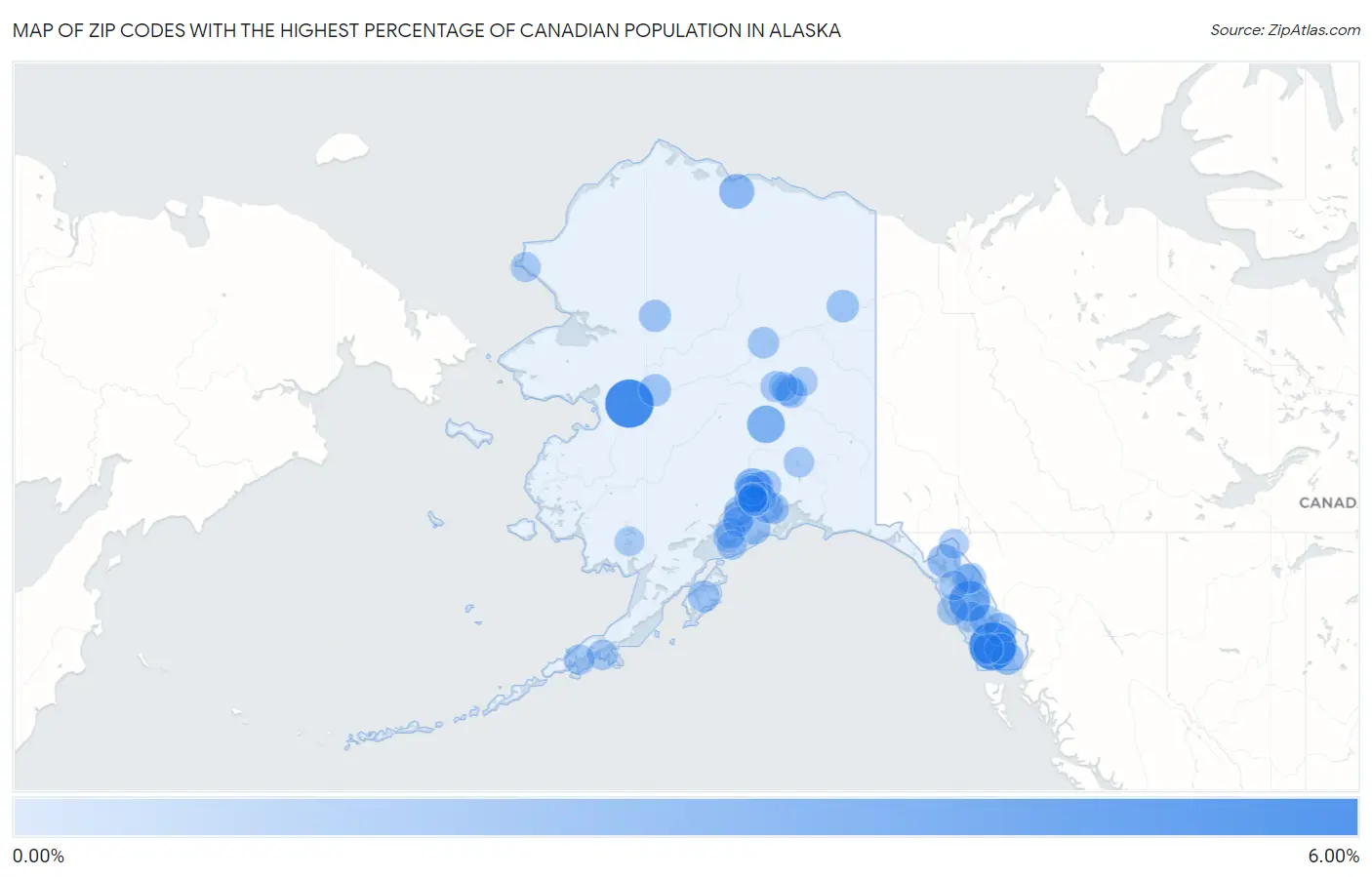 Zip Codes with the Highest Percentage of Canadian Population in Alaska Map