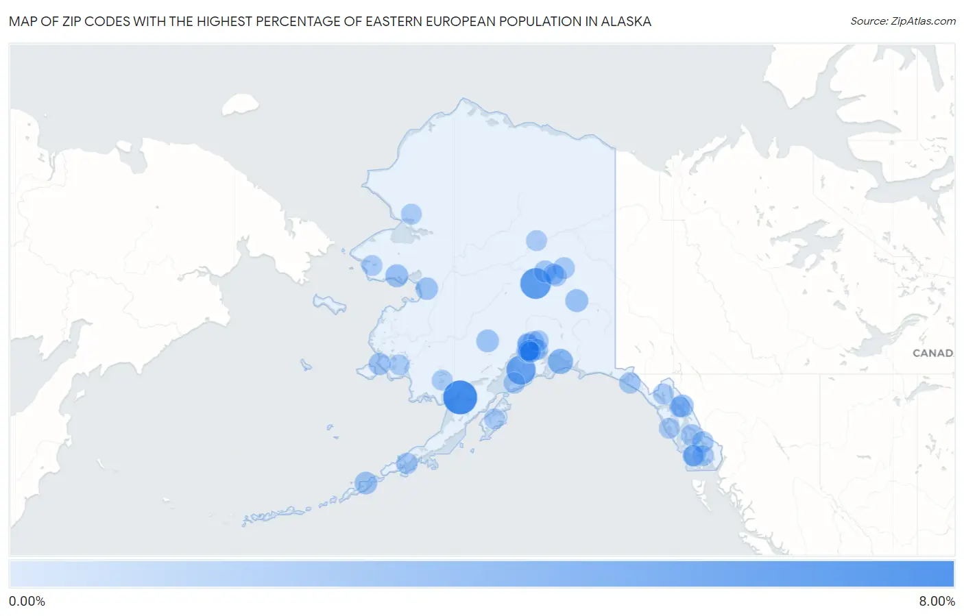 Zip Codes with the Highest Percentage of Eastern European Population in Alaska Map