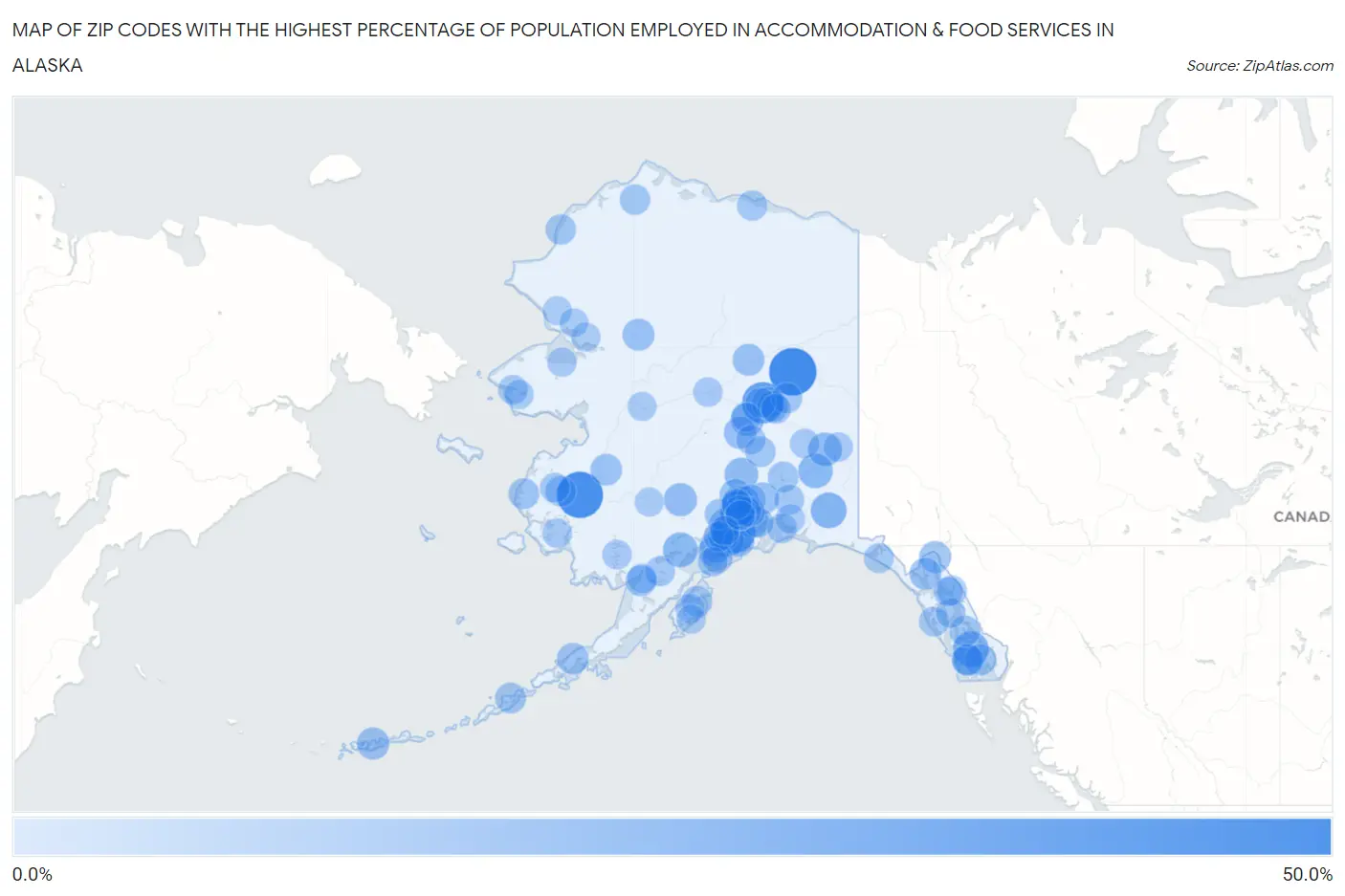 Zip Codes with the Highest Percentage of Population Employed in Accommodation & Food Services in Alaska Map