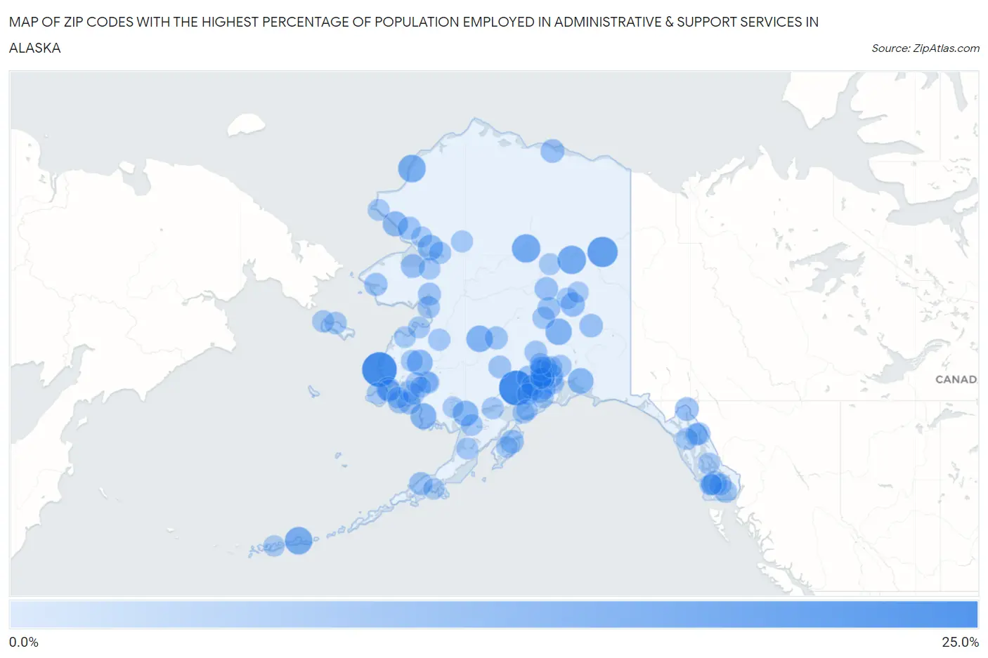 Zip Codes with the Highest Percentage of Population Employed in Administrative & Support Services in Alaska Map