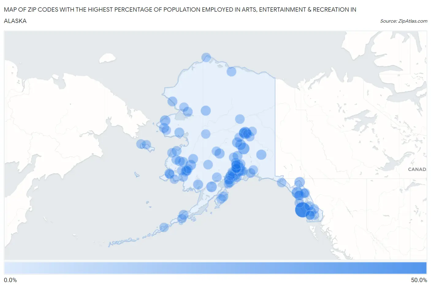 Zip Codes with the Highest Percentage of Population Employed in Arts, Entertainment & Recreation in Alaska Map