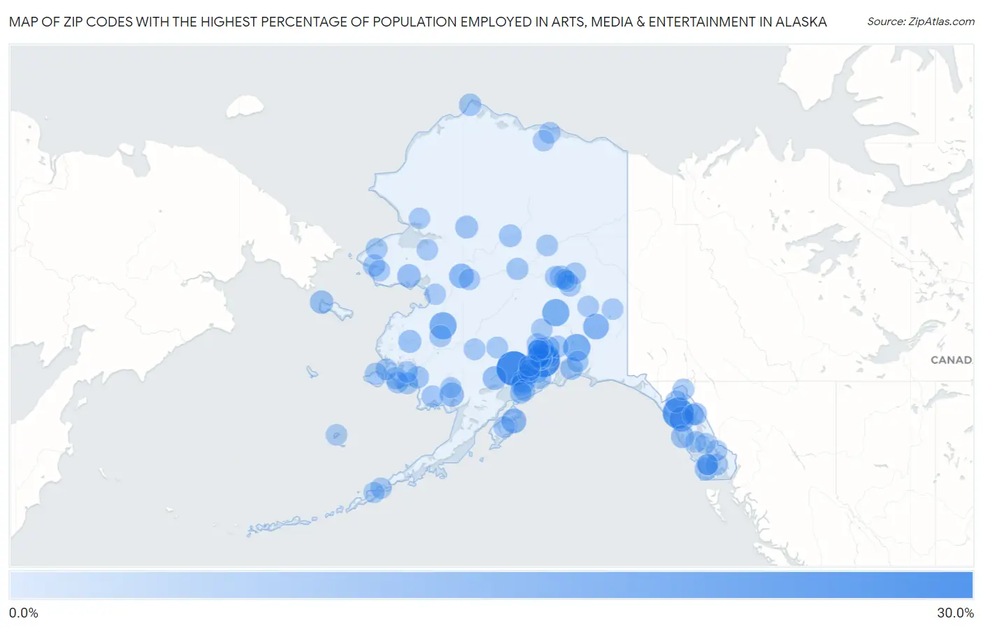 Zip Codes with the Highest Percentage of Population Employed in Arts, Media & Entertainment in Alaska Map