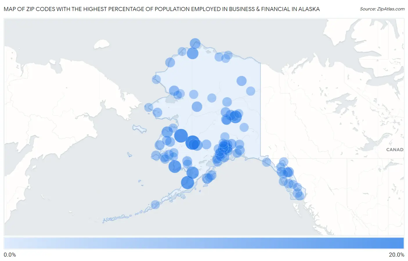 Zip Codes with the Highest Percentage of Population Employed in Business & Financial in Alaska Map
