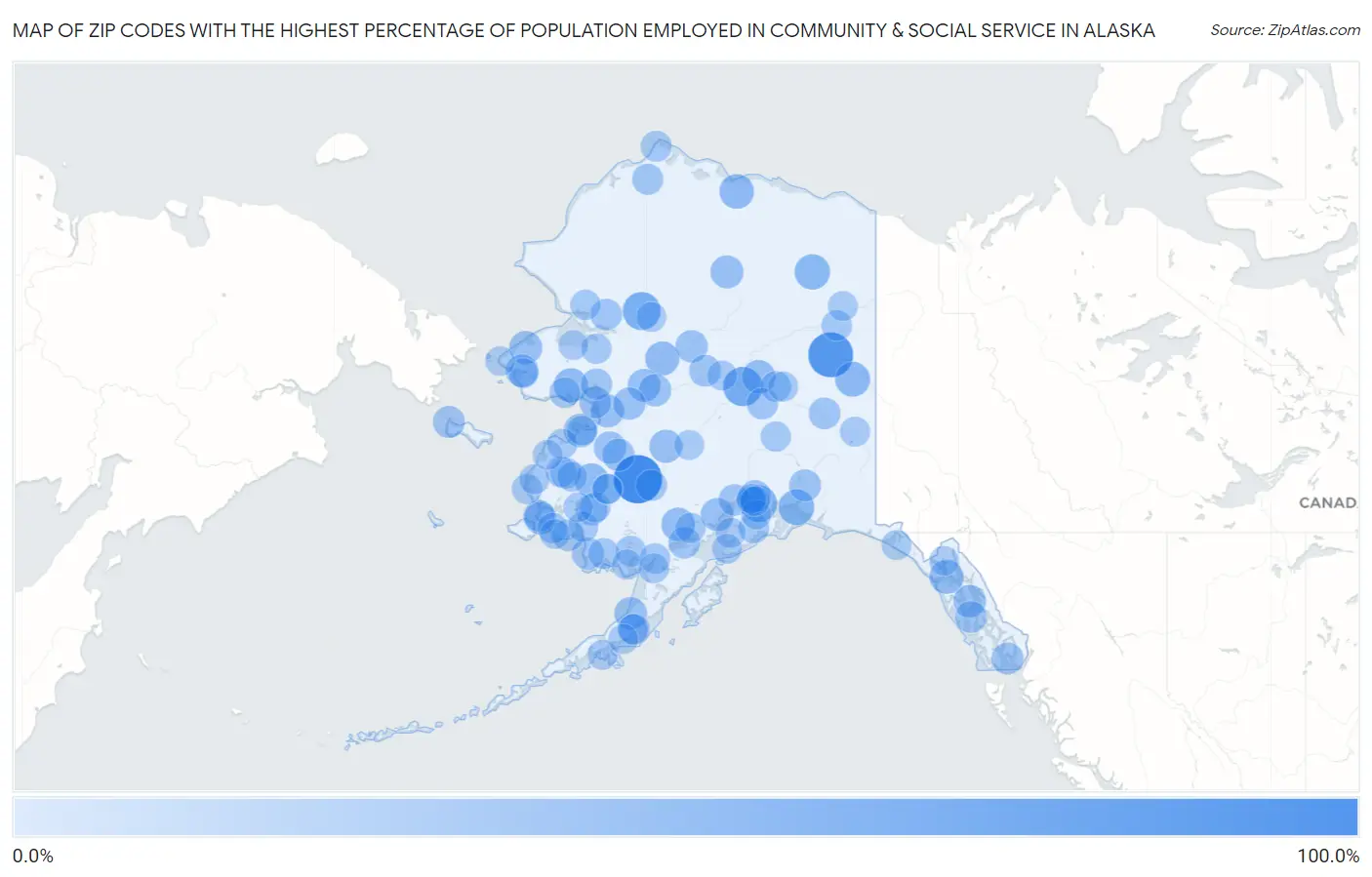 Zip Codes with the Highest Percentage of Population Employed in Community & Social Service  in Alaska Map