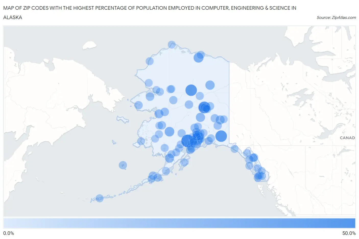 Zip Codes with the Highest Percentage of Population Employed in Computer, Engineering & Science in Alaska Map