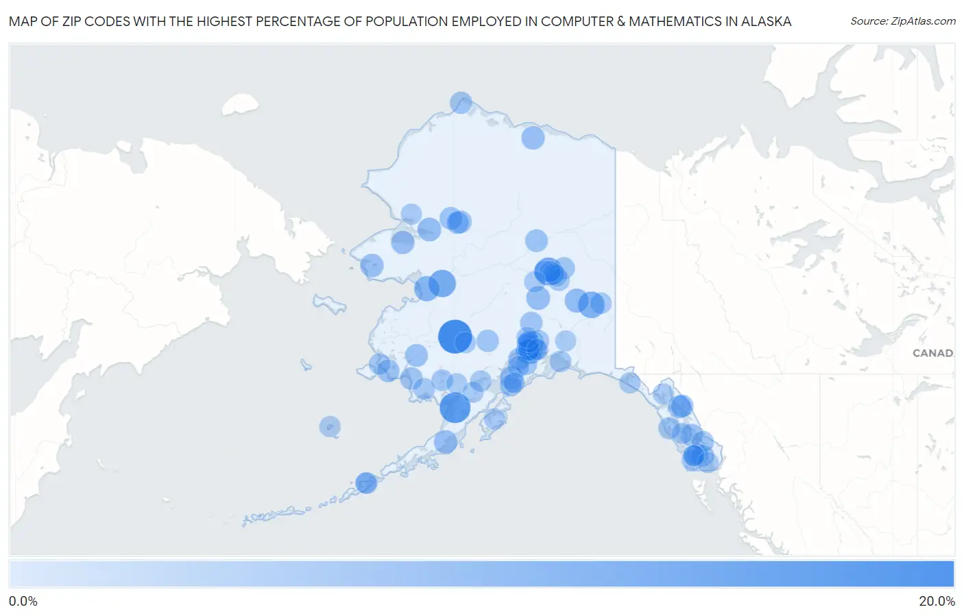 Zip Codes with the Highest Percentage of Population Employed in Computer & Mathematics in Alaska Map