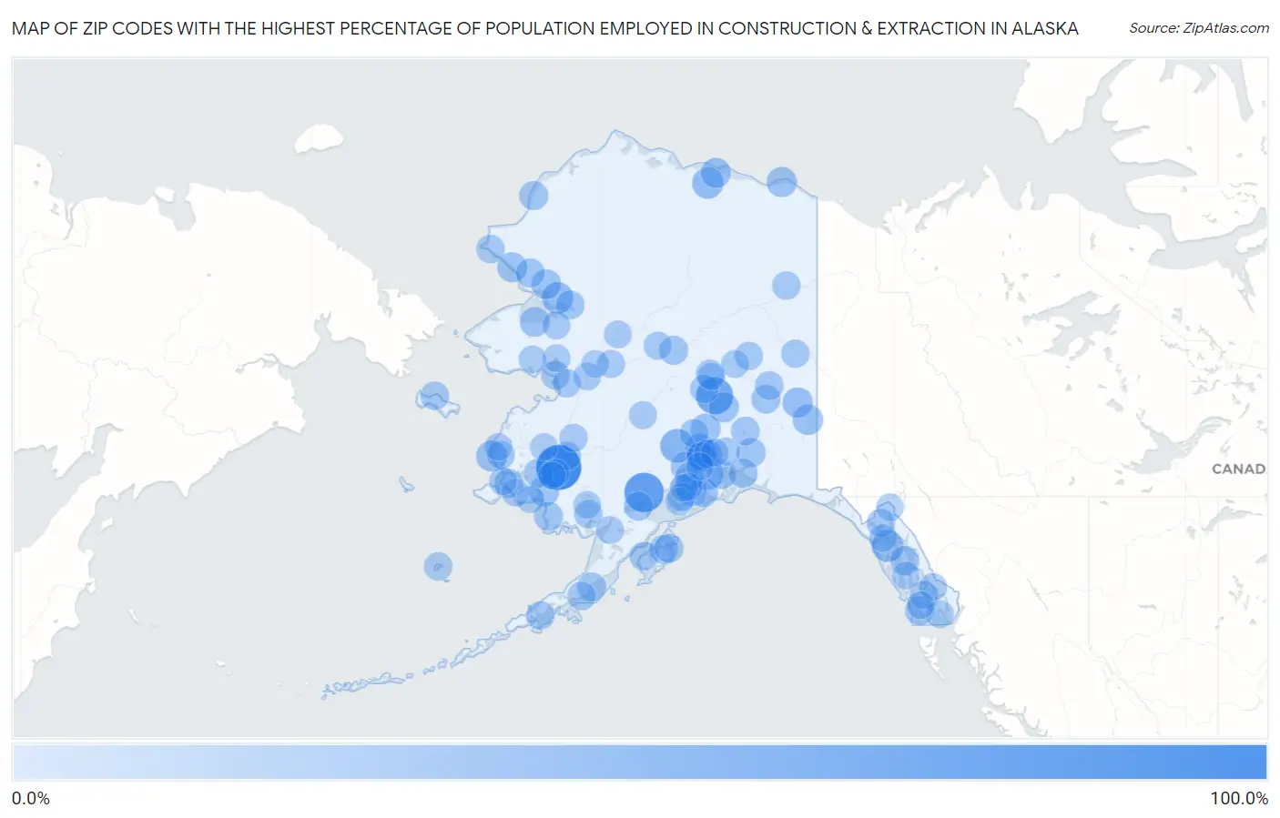 Zip Codes with the Highest Percentage of Population Employed in Construction & Extraction in Alaska Map