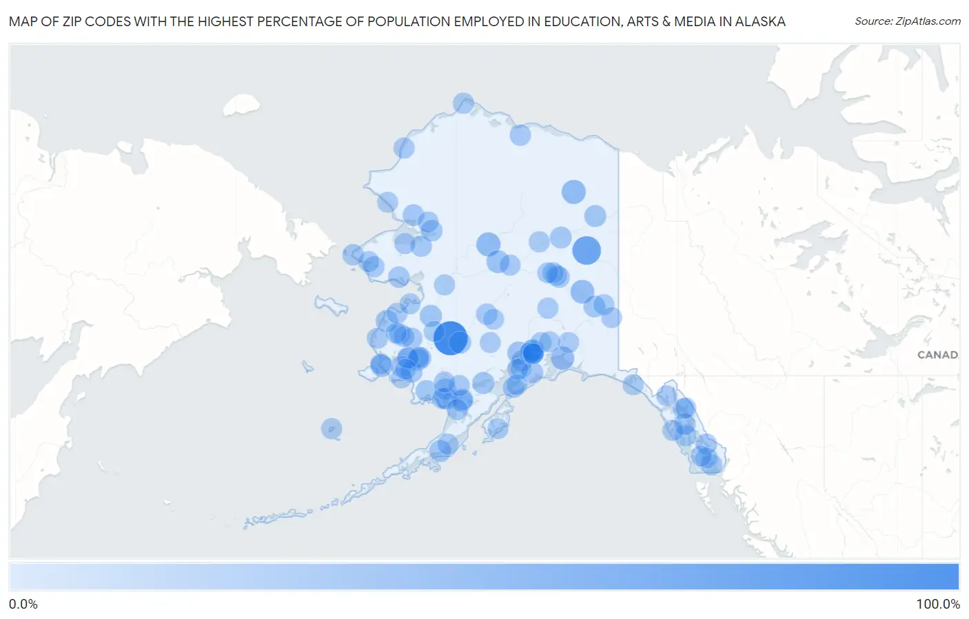 Zip Codes with the Highest Percentage of Population Employed in Education, Arts & Media in Alaska Map