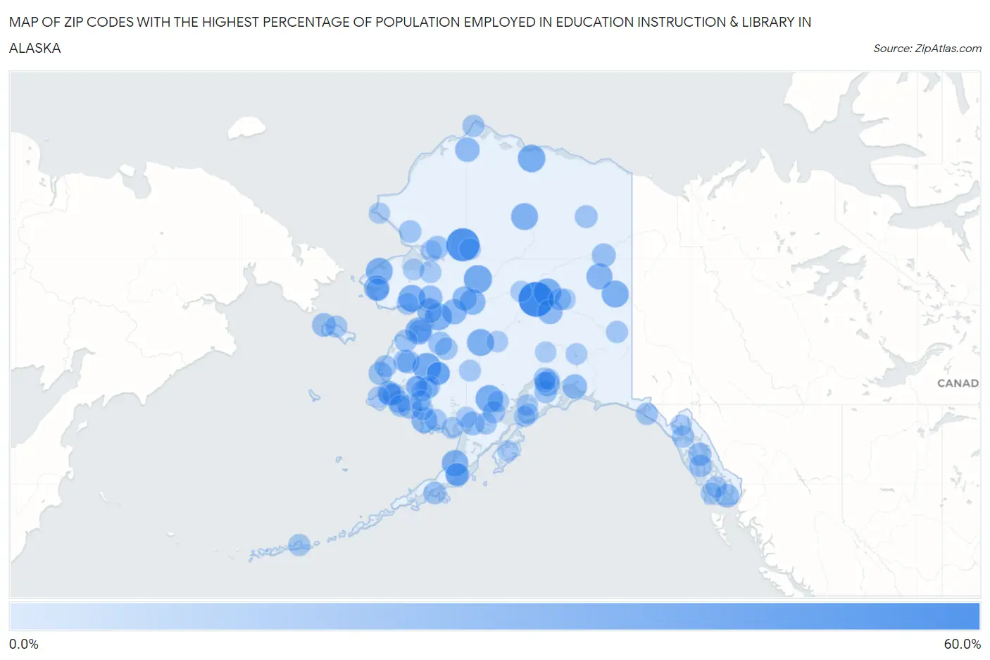 Zip Codes with the Highest Percentage of Population Employed in Education Instruction & Library in Alaska Map