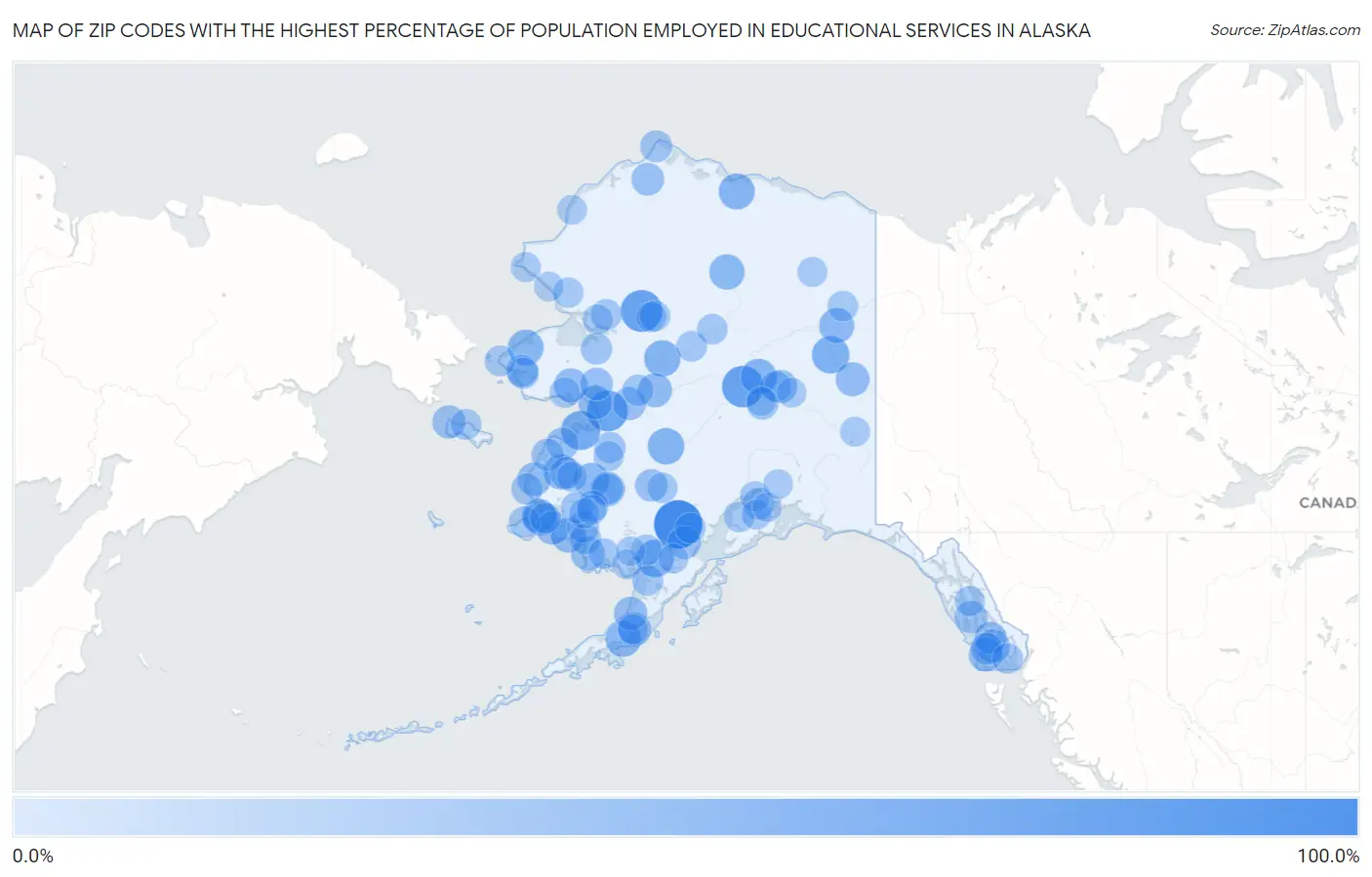Zip Codes with the Highest Percentage of Population Employed in Educational Services in Alaska Map