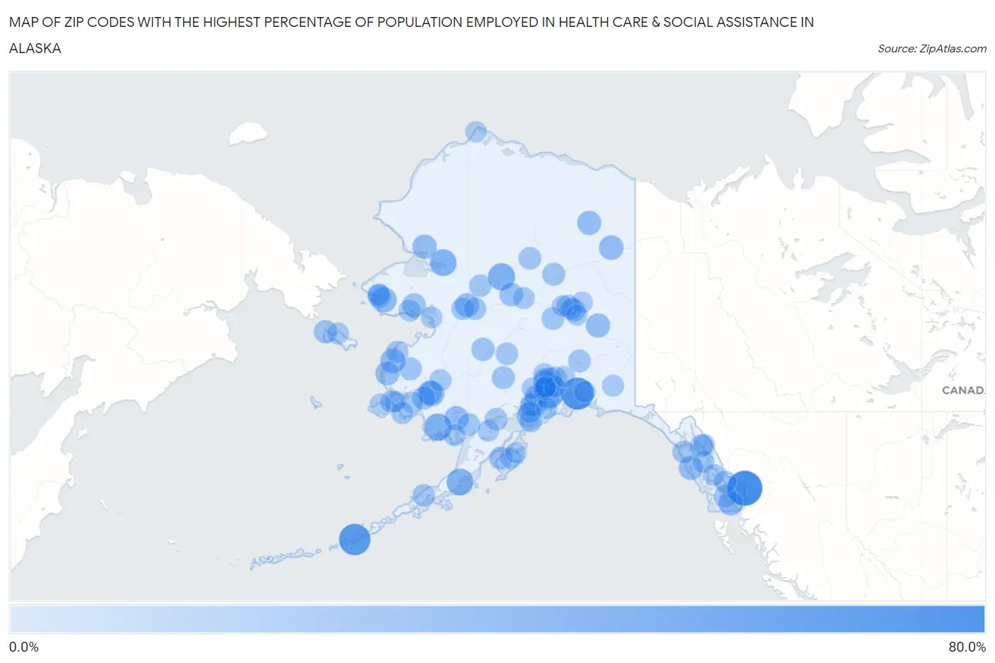 Zip Codes with the Highest Percentage of Population Employed in Health Care & Social Assistance in Alaska Map