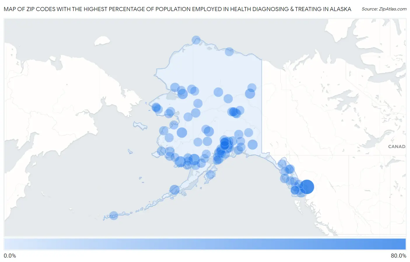 Zip Codes with the Highest Percentage of Population Employed in Health Diagnosing & Treating in Alaska Map