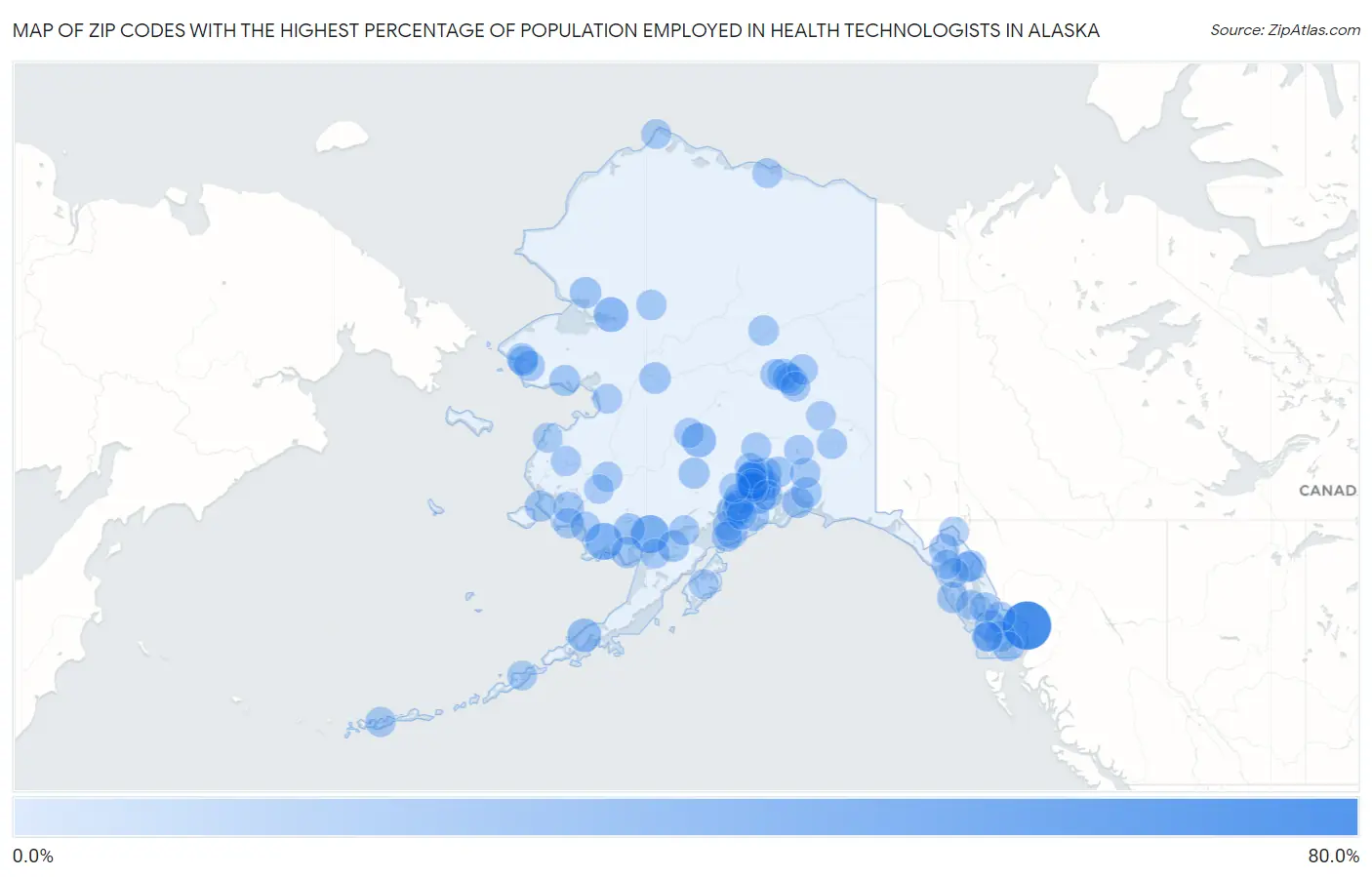 Zip Codes with the Highest Percentage of Population Employed in Health Technologists in Alaska Map