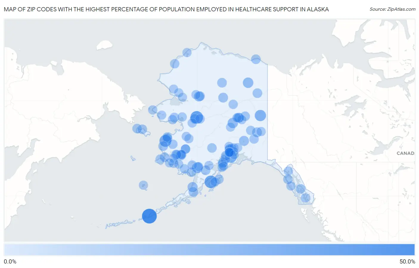 Zip Codes with the Highest Percentage of Population Employed in Healthcare Support in Alaska Map