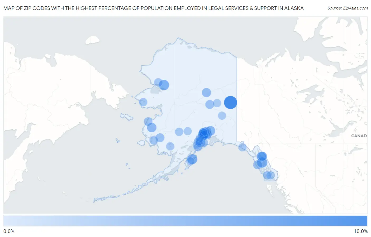 Zip Codes with the Highest Percentage of Population Employed in Legal Services & Support in Alaska Map
