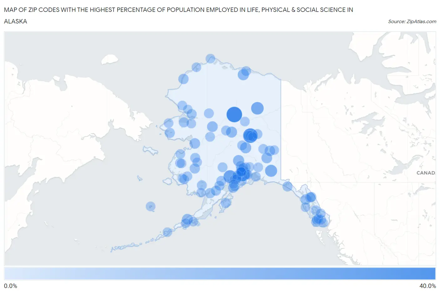 Zip Codes with the Highest Percentage of Population Employed in Life, Physical & Social Science in Alaska Map
