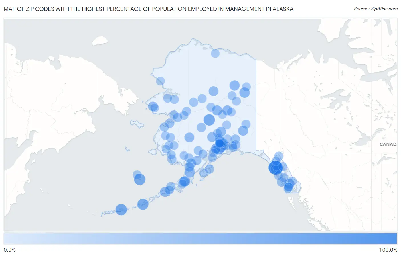 Zip Codes with the Highest Percentage of Population Employed in Management in Alaska Map
