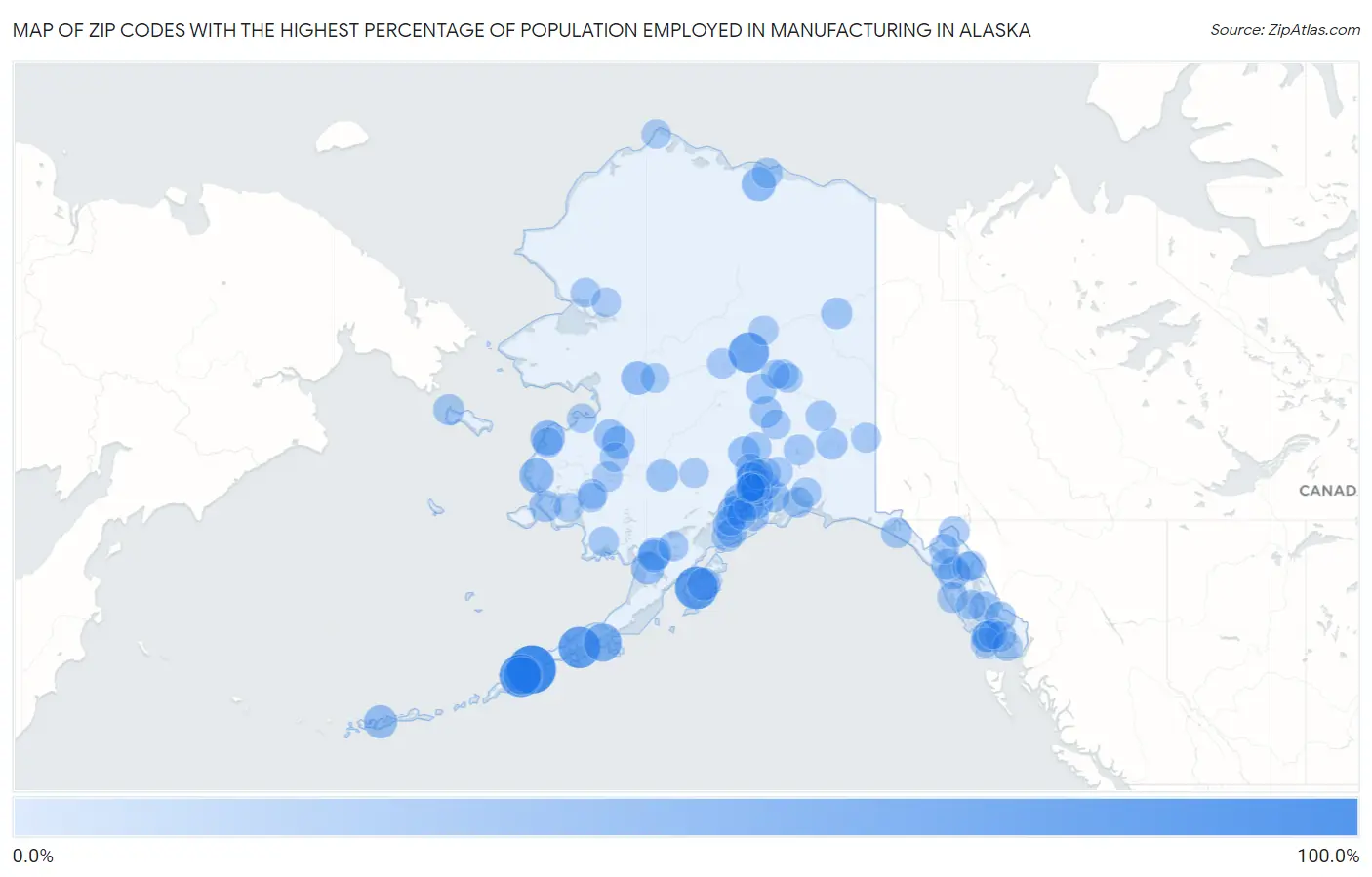 Zip Codes with the Highest Percentage of Population Employed in Manufacturing in Alaska Map