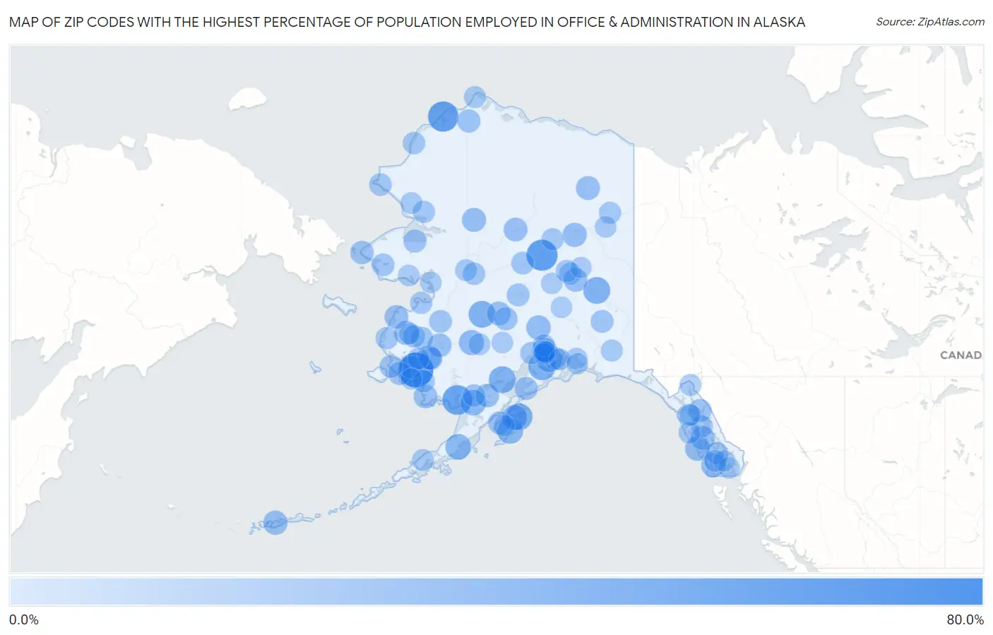 Zip Codes with the Highest Percentage of Population Employed in Office & Administration in Alaska Map