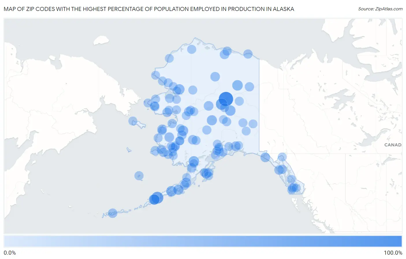 Zip Codes with the Highest Percentage of Population Employed in Production in Alaska Map