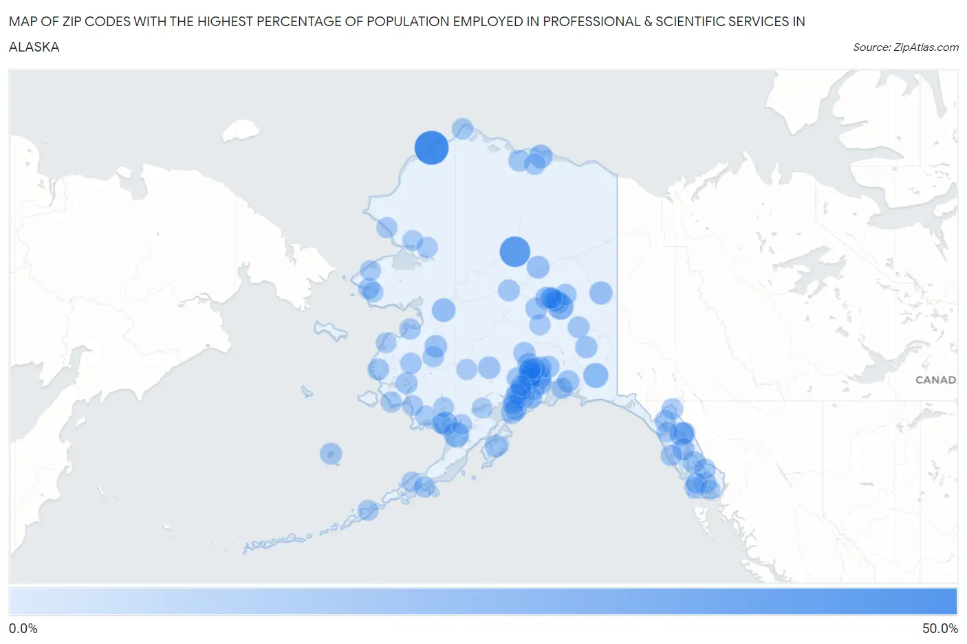 Zip Codes with the Highest Percentage of Population Employed in Professional & Scientific Services in Alaska Map