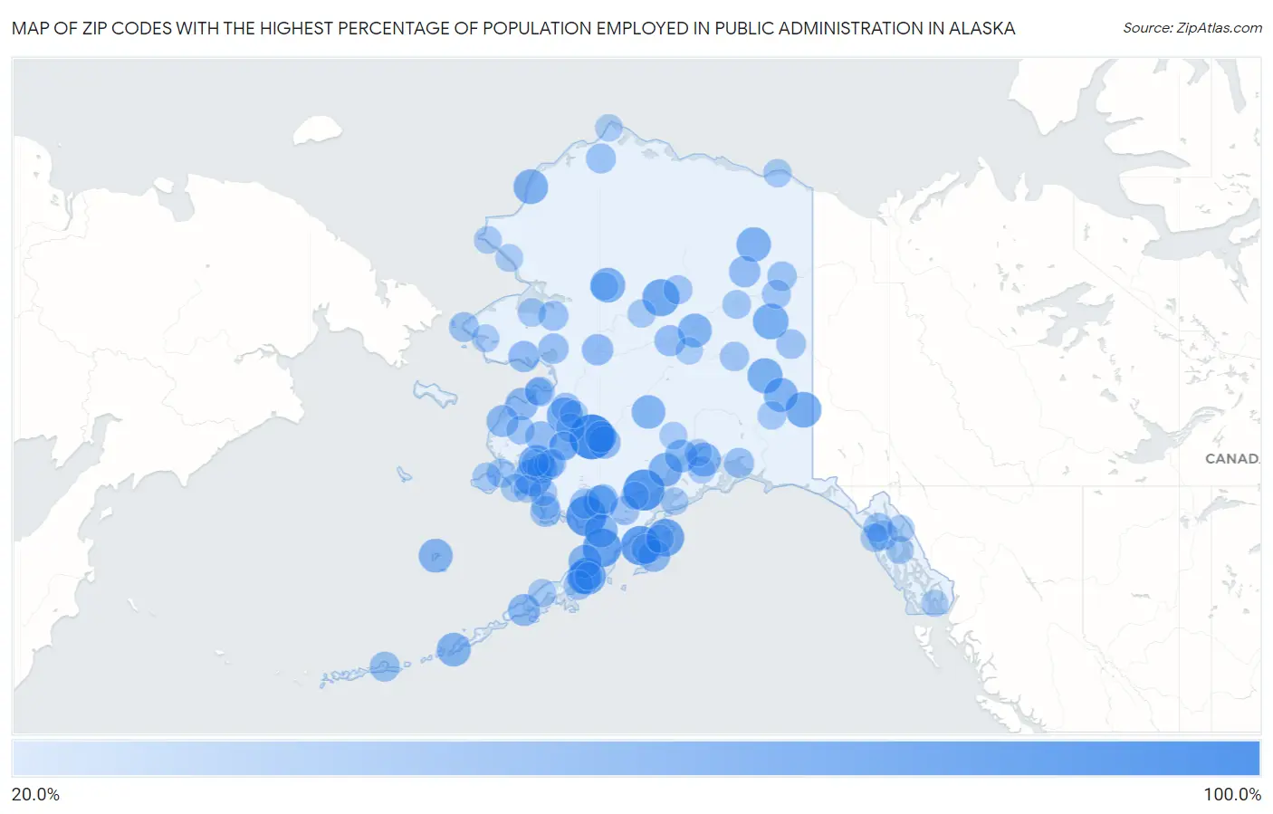 Zip Codes with the Highest Percentage of Population Employed in Public Administration in Alaska Map